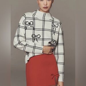 Anthropologie Maeve Carys Mock Neck Sweater Black Off White Bow Size Small New